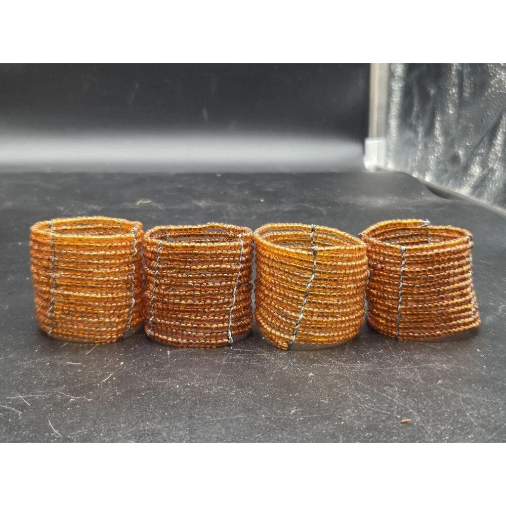 Lot Of 4 Gold Amber Beaded Napkin Rings